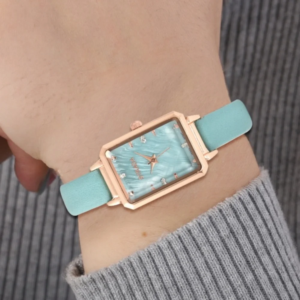 Blue Green Faux Leather Strap Watch